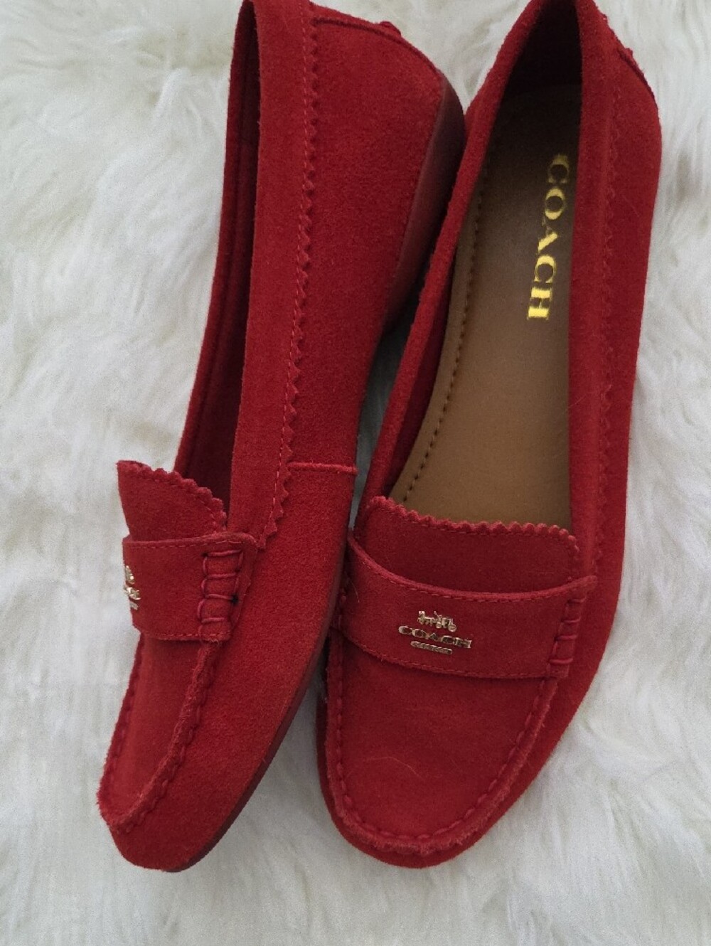 COACH Red Suede Women's Penny Loafers with Gold Logo - Picture 2 of 5